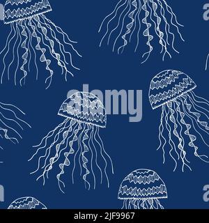 Nahtloses Muster mit süßer Qualle von Sijhouette auf klassisch blauem Hintergrund. Vektor Tiere bunte Illustration. Liebenswert Charakter für Karten Stock Vektor