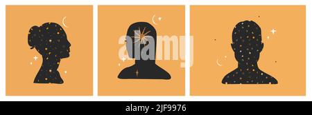 Handgezeichnete Vektor abstrakte Stock flache Grafik-Illustrationen mit Logo-Element gesetzt, böhmische Astrologie magische Kunst der Galaxie Raum, Halbmond, Sterne, Sonne Stock Vektor