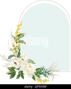 Rahmen mit weißen Pfingstrosen. Grußkartenvorlage mit Blumen. Vektorgrafik. Stock Vektor