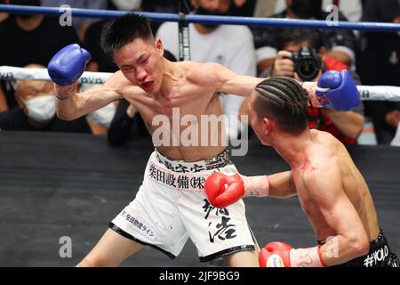 Tokio, Japan. 29.. Juni 2022. Yasuhiro Kanzaki Boxen : Japan Jugend Super Fly Gewicht Championship Kampf in Korakuen Hall in Tokio, Japan . Kredit: YUTAKA/AFLO SPORT/Alamy Live Nachrichten Stockfoto