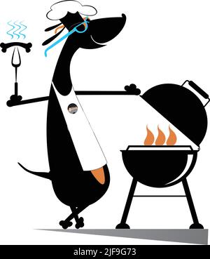 Komischer Hund, der Würstchen und Steaks auf dem Grill braten Stock Vektor