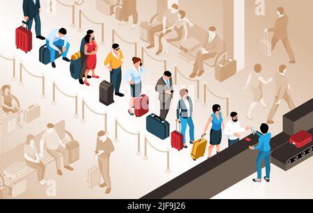 Personen mit Koffern, die in der Warteschlange auf dem Flughafen stehen 3D isometrische Vektordarstellung Stock Vektor