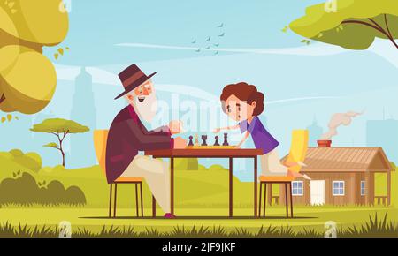 Brettspiele Schach Komposition mit kleinen Jungen und alten Mann spielen das Spiel Vektor Illustration Stock Vektor