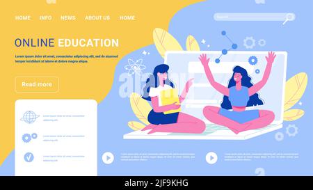 Online-Bildung Web Landing Page Hintergrund mit 2 Mädchen Studenten sitzen auf Laptop flache Website Vektor Illustration Stock Vektor