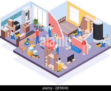 Renovierung Reparatur arbeitet isometrische Zusammensetzung mit Blick auf Wohnung und Arbeiter Montage Möbel und Bad Armaturen Vektor Illustration Stock Vektor