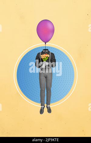 Kreative abstrakte Vorlage Grafiken Collage von schwarz weiß visuellen Effekt Kerl Ballon statt Kopf halten Haufen isoliert beige Hintergrund Stockfoto