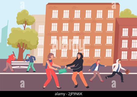 Hooligans flacher Hintergrund mit Teens stehlen Taschen von Stadt Passanten auf Straßen Vektor-Illustration Stock Vektor