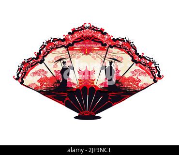 Abstrakt dekorativen Fan mit asiatischen Mädchen Stock Vektor