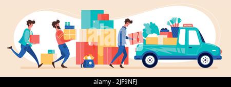 Lebensmittel-Pakete Online-Bestellungen Lieferservice flache horizontale Zusammensetzung mit Kurierern bringen Laden Verpackung Boxen Vektor-Illustration Stock Vektor