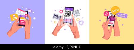 Hände halten Smartphones überprüfen Senden Mail Einkaufen Scannen Barcodes 3 flache Hintergrundkompositionen Konzept Vektor Illustration Stock Vektor