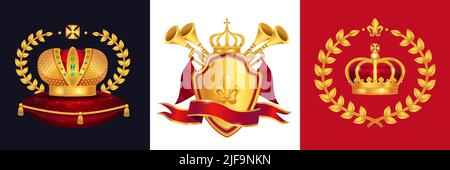 Königliches Gold Krone heraldry Trompeten Schild Emblem Monarchie Regal Symbole Attribute Konzept 3 realistische Bilder Vektor Illustration Stock Vektor