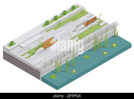 Landschaftsgestaltung isometrische Zusammensetzung mit isolierten Stück Böschung mit Metallzaun Holzbänke und Pflanzen Vektor-Illustration Stock Vektor