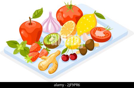 Stärkung der Immunität isometrische Zusammensetzung mit frischem Gemüse und Früchten Knoblauch und Ingwer Vektorgrafik Stock Vektor