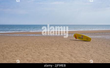 Ein RNLI Surfboard liegt bereit an einem Sandstrand. Eine Möwe steht in der Nähe des Meeres und ein blauer Himmel ist oben. Stockfoto
