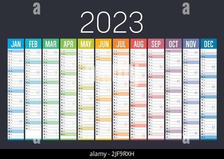 Jahr 2023 farbenfroher Kalender auf dunklem Hintergrund. Vektorvorlage. Stock Vektor