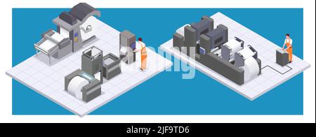 Druckerei isometrische Zusammensetzung mit Satz von zwei Plattformen mit Druckeinrichtungen Waren und menschliche Bediener Vektor-Illustration Stock Vektor