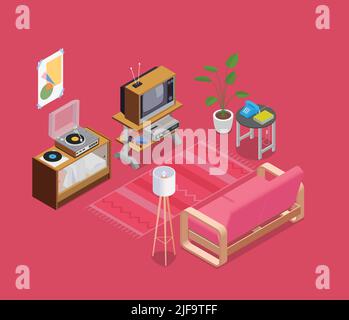 Retro-Geräte isometrisches Konzept mit TV-Lampe und Telefon-Vektor-Illustration Stock Vektor