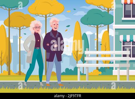 Ältere ältere Paar zu Fuß Hand in Hand im Freien Cartoon Komposition Herbst Wetter Stadt Hintergrund Vektor-Illustration Stock Vektor