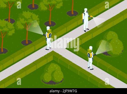 Isometrische Schädlingsbekämpfung Zusammensetzung mit Outdoor-Gartenlandschaft und Desinsection Team von Arbeitern in chemischen Anzügen Vektor-Illustration Stock Vektor