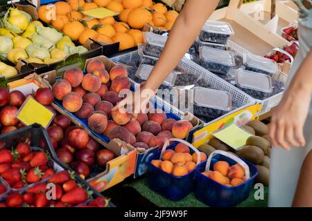 Beschnittene Ansicht einer Frau, die auf dem venezianischen Lebensmittelmarkt frisches Obst auswählt Stockfoto