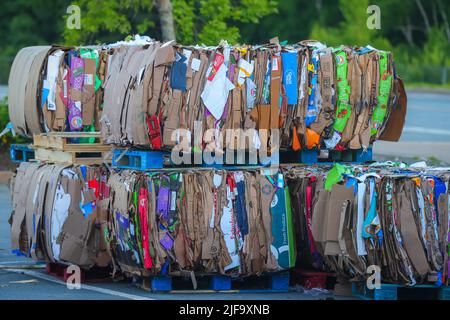 Recycling von Kartonverpackungen Konzept mit Stapeln von komprimiertem Wellpappenmüll als Symbol für die Recycling für die Erhaltung und die Umwelt Stockfoto