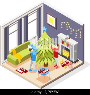 Weihnachten Stimmung isometrische Komposition mit paar Dekoration Firtree im Wohnzimmer Kamin und Licht Girlande Vektor Illustration Stock Vektor