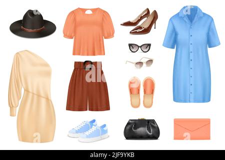Frauen Mode realistische Farbe Set mit Kleidung und Accessoires isoliert Vektor Illustration Stock Vektor