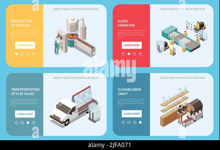 Glasproduktion Set aus vier horizontalen Bannern mit anklickbaren Tasten editierbarer Text und Bilder von Anlagen Vektordarstellung Stock Vektor