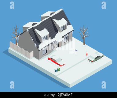 Schneereinigung Entfernung Maschinen isometrische Zusammensetzung mit Outdoor-Winter-Ansicht von verschneiten Wohnhaus und Autos Vektor-Illustration Stock Vektor