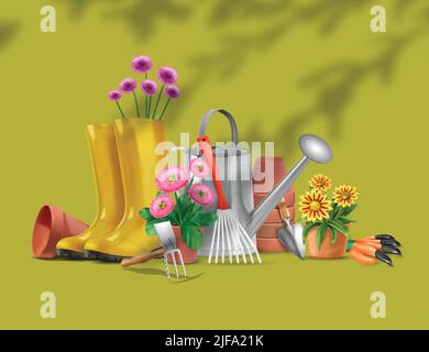 Realistische Gartenkomposition mit Silhouetten von Ästen und Bildern von Gartengeräten Stiefel und Blumen Vektor-Illustration Stock Vektor