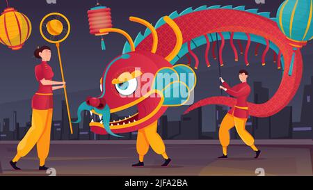 Outdoor-Drachen-Tanz in chinesischen Neujahrsfeier flache Vektor-Illustration Stock Vektor