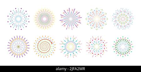 Feuerwerk funkelt Strahl Set. Strahler Sunburst – abstrakte Kollektion. Verschiedene Sonnenstrahlen oder Feuerwerk funkelt Strahlen. Sonnenlicht Kreis Grafik Design Elemente. Farbenfrohe, mehrfache Sonnenlichts-Burst-Optionen Stock Vektor