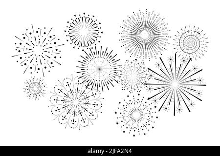 Feuerwerk funkelt Strahl Set. Strahlender abstrakter Sonneneinbruch. Verschiedene Sonnenstrahlen oder Feuerwerk funkelt Strahlen. Sonnenlicht Kreis Grafik Design Element. Mehrere Optionen für Sonneneinstrahlung. Vektor-eps Stock Vektor