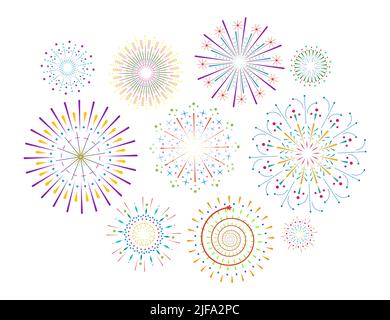 Feuerwerk funkelt Strahl Set. Strahlender abstrakter Sonneneinbruch. Bunte verschiedenen Glanz Sonnenstrahlen oder Feuerwerk funkelt Strahlen. Sonnenlicht Kreis Grafik Design Element. Mehrere Optionen für Sonneneinstrahlung. Vektor-eps Stock Vektor