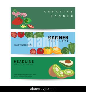 Satz von drei horizontalen Gemüse und Früchte Banner Vektor-Illustration Stock Vektor