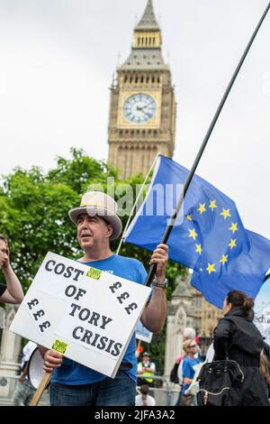 GROSSBRITANNIEN / England /der Anti-Brexit-Kämpfer Steve Bray hält am 18. Juni 2022 in London Plakate vor dem Parlament. Stockfoto
