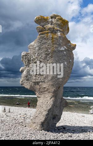 Bizarre Rakete, Raukar, Kalksteinsäule, Felsen am Kiesstrand, Erosion, Langhammars Nature Reserve, dramatischer Wolkenhimmel, Färöer-Insel, Färöer, in der Nähe Stockfoto