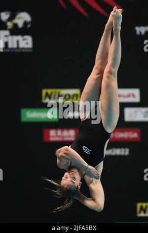 Budapest, Ungarn. 1.. Juli 2022. Lauren Hallaselka aus Finnland tritt während der Springboard-Tauchvorbereitungen der Frauen 3m bei den FINA-Weltmeisterschaften 19. in Budapest, Ungarn, am 1. Juli 2022 an. Quelle: Zheng Huansong/Xinhua/Alamy Live News Stockfoto