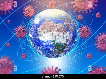 Monkeypox auf einem Hintergrund des Planeten Erde und dessen verschwommenes Hologramm. Monkeypox, 3D-virus-Hintergrund. Monkeypox-Virus, globaler Ausbruch, Monkeypox Stockfoto