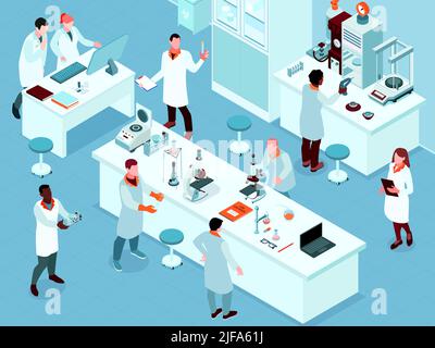 Farbige und isometrische wissenschaftliche Laborzusammensetzung mit Gruppe von Wissenschaftlern am Arbeitsplatz Vektordarstellung Stock Vektor