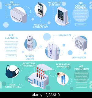 Satz aus drei isometrischen isometrischen Transparenten zur Qualitätskontrolle der horizontalen Luftreinigung mit Symbolen für elektronische Reinigungsgeräte Stock Vektor