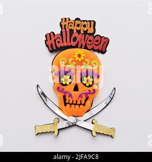 Cartoon Halloween Skelett Muertos, mexikanische Stil Dekoration auf weiß. Frohe halloween. Konzept der Feier. Party-Deko Stockfoto