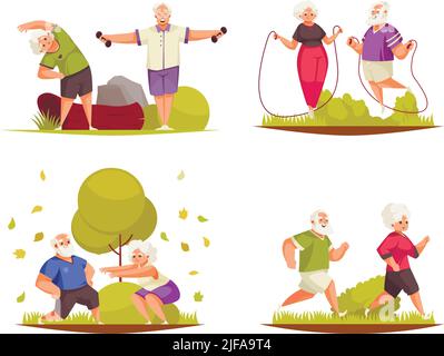 Alte Menschen Outdoor-Fitness-Aktivität 4 Cartoon-Kompositionen mit Jogging-Springseil Ausübung Paare Vektor-Illustration Stock Vektor