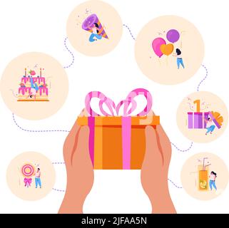 Geburtstag flache Hintergrund Komposition mit Händen halten Geschenk-Box von Kreis-Symbole der festlichen Menschen Vektor-Illustration umgeben Stock Vektor