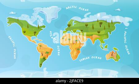 Weltkarte flachen Hintergrund mit arktischen pazifik atlantik indischen Ozean Inschrift Vektor-Illustration Stock Vektor