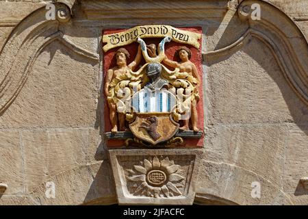 Wappen der Familie Georg David Preu, fränkische Adelsfamilie, Patrizierfamilie, Haus Goldene Gans 1792, Marktplatz Nr. 9, Weissenburg Stockfoto