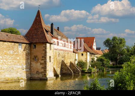 Seeweiher mit Seeweiher-Mauer, Stadtmauer, Stadtbefestigung, Turm, Halbhölzerung, Altstadt Weissenburg, Mittelfranken, Franken, Bayern Stockfoto