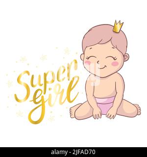 Baby Mädchen als Prinzessin. Logo für Babyprodukt. Kleines Prinzessinnen-Porträt. Lächelndes Mädchen mit lockigen Haaren. Emblem für Unternehmen mit Beispieltext. Vektorgrafik Stock Vektor