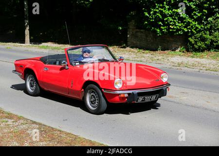 Triumph Spitfire IV, Vintage Car Ride 4. Embouteillage de la N12 nach Landerneau, Departement Finistere Penn-ar-Bed, Region Bretagne Breizh, Frankreich Stockfoto