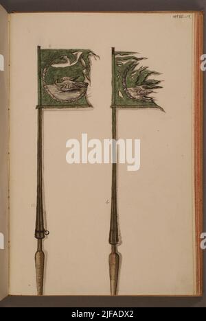 Abteilung in Gouache mit Feldzeichen, die als Trophäen der schwedischen Armee genommen wurden. Die abgebildeten Standards sind in der Sammlung des Armeemuseums erhalten. Stockfoto